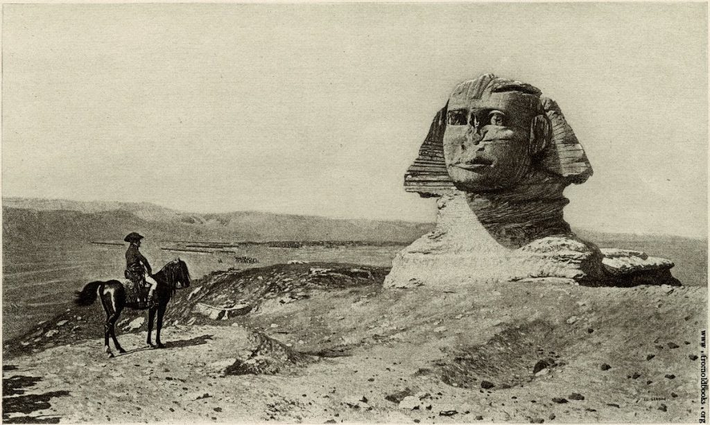 An image of Napoleon on horse back in front of the Great Sphinx