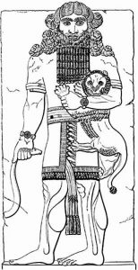 Gilgamesh holding a lion in his arms.